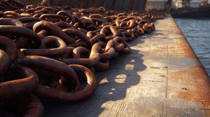 Heavy rusted steel chains coiled on a dockside with warm sunlight highlighting texture and detail