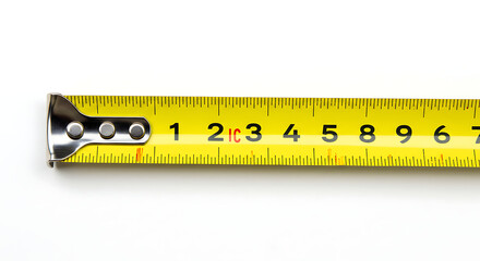 Close up of a yellow metal tape measure with black numerical markings isolated on white background