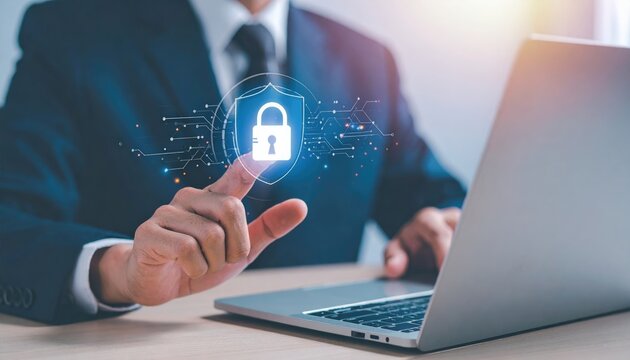 Man in suit pointing at holographic padlock projected above a laptop. Technology meets business in cybersecurity concept