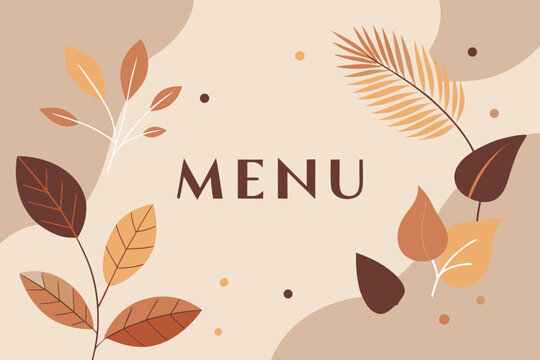 Stylish menu design with decorative elements of autumn leaves in orange, brown, and cream hues. Ideal for restaurant, café, or seasonal promotions aligning with fall themes.