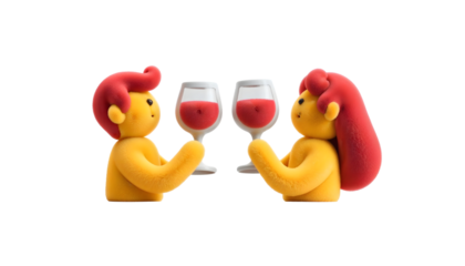 Whimsical 3D plush characters clinking wine glasses — playful couple toasting with red wine, cozy romantic celebration and festive social moment for product, greeting cards,  on white background png 