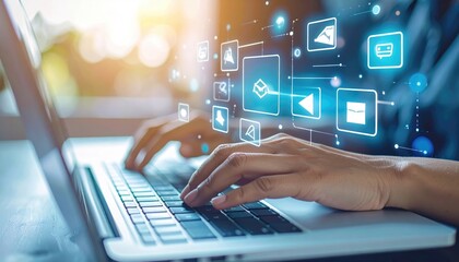 Hands typing on a laptop with glowing digital icons hovering above the keyboard. Bokeh lights are visible in the background