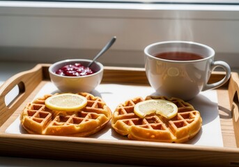 A wooden tray placed near a sunlit window, holding two golden-brown waffles topped with a lemon wedge