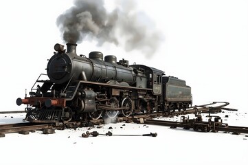 Naklejka premium Vintage steam train derailed, white background, smoke