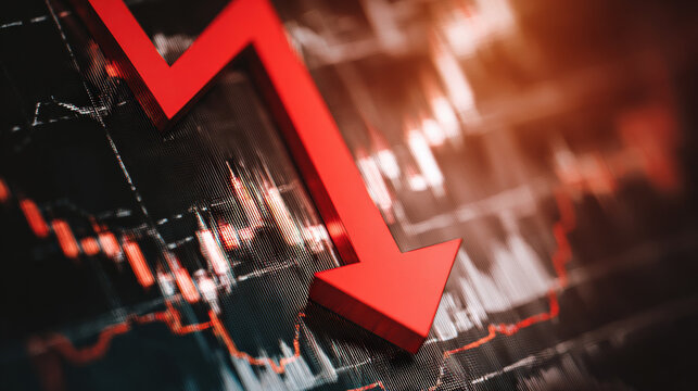 Close-up OLED display with large red downward arrow and layered stock charts showing economic risk and bearish signals
