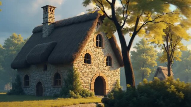 CGI Historic stone building with thatched roof surrounded