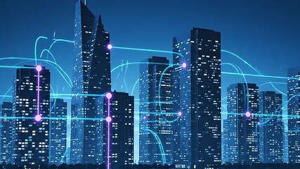 Abstract visualization of a smart city at night with a glowing digital network connecting futuristic skyscrapers - Powered by Adobe
