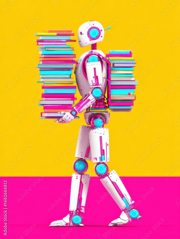 Poster a robot with a stack of colorful books on its back walks against a backdrop of bright pink and yello