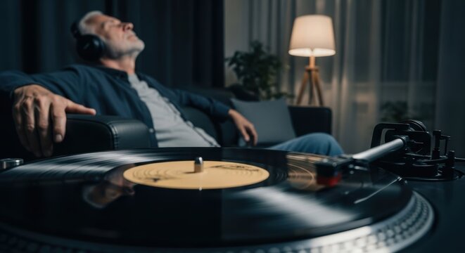 Elderly caucasian man relaxing with vinyl record player in cozy living room - Powered by Adobe