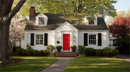 Obraz premium White house with red door, lush landscaping