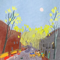 autumn landscape with trees. cafe street