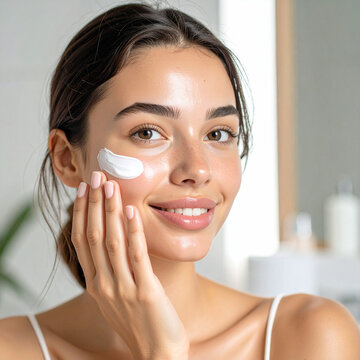 Portrait of a young woman applying moisturizer on her cheek, natural glowing skin, minimal makeup, soft studio lighting, bathroom background slightly blurred, skincare beauty concept