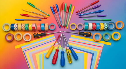 Colorful Assortment of Craft Supplies Including Pens Washi Tape Screwdrivers and Paper on a Rainbow Background