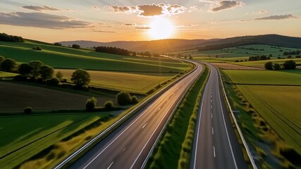 Highway journey through rolling green hills at sunset, a scenic drive perfect for road trip adventures and travel vlogs, bringing peace and wanderlust