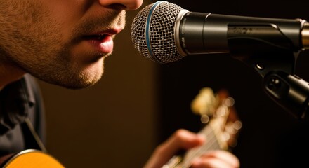 Close-up of male musician singing into microphone while playing guitar