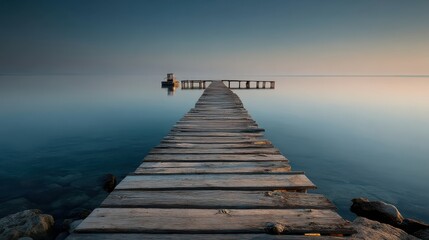 Fototapeta premium A serene wooden pier extends into calm waters under a tranquil sky, creating a peaceful atmosphere perfect for reflection.