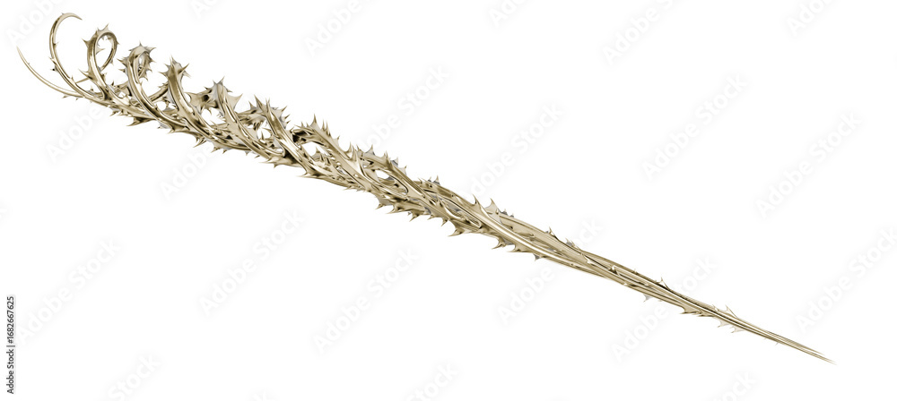 Poster a complex 3d render of a gracefully tapering, thorny vine. its interwoven design and warm metallic f