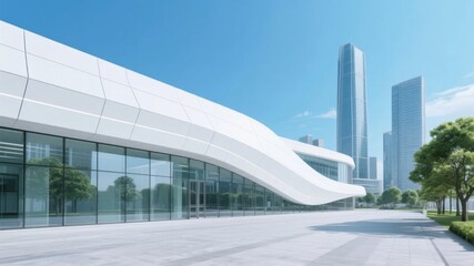 Modern Architectural Building with Curved Facade and Urban Skyline Background