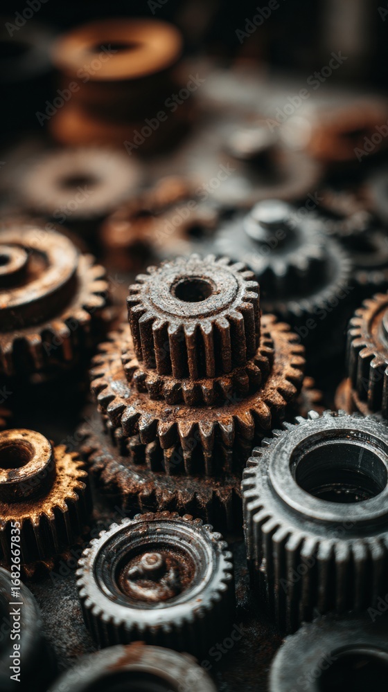 Poster old, rusty gears of various sizes are scattered on a bench, highlighting the intricate details and t