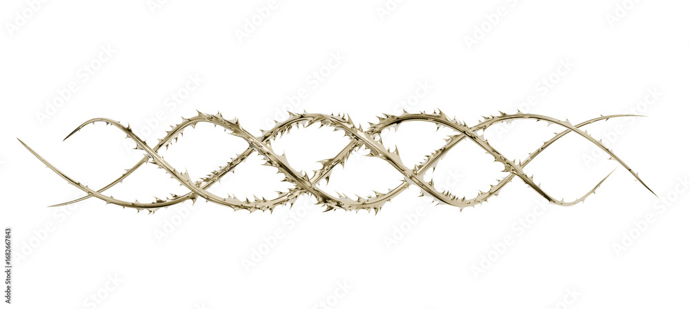 Poster a beautiful 3d render of an interwoven golden thorn vine. its flowing form and sharp spikes create a