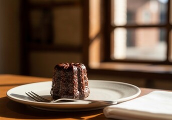 An artisanal canelé placed on a matte ceramic plate, with a blurred background of a rustic café setting