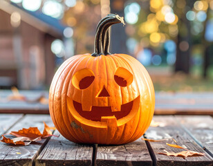 Smiling Jack-o’-lantern pumpkin placed on wooden table with autumn leaves, festive Halloween decoration in outdoor street background
