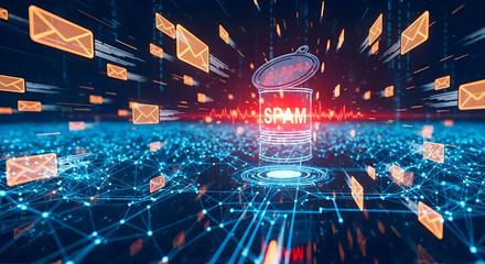 Digital cybersecurity threat of spam emails overwhelming communication networks with malicious intent and data breach risks