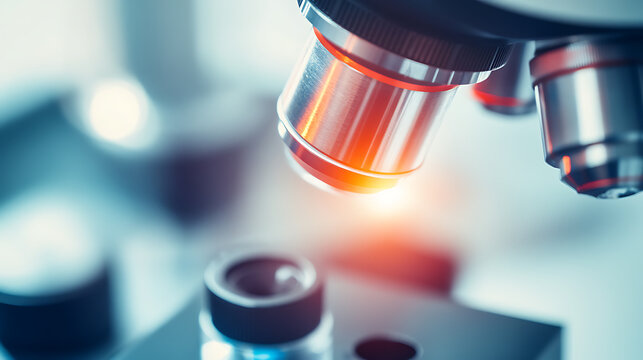 Close-up of a microscope with illuminated lenses and vials in the background
