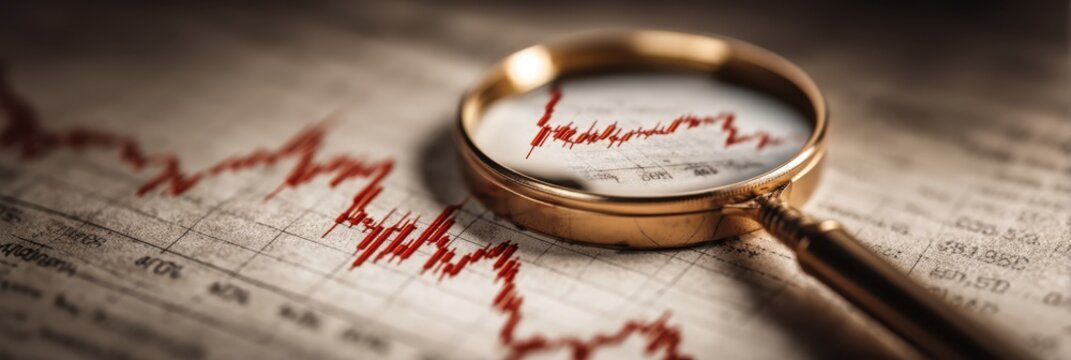 A magnifying glass highlights a fluctuating stock market graph, emphasizing analysis and financial trends on printed paper.