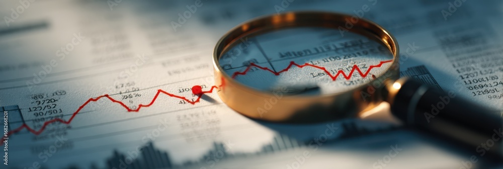 Poster a close-up view of a magnifying glass focusing on financial charts, highlighting trends and data ana