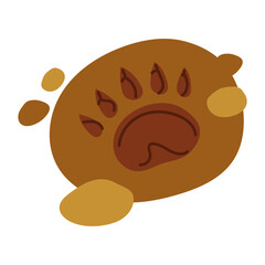 Bear footprint in mud. Flat, colored, isolated illustration. Object in forest. Bear footprint on brown ground. Footprint forest animal. Dangerous animals. Forest. Picnic, hike, walk in forest