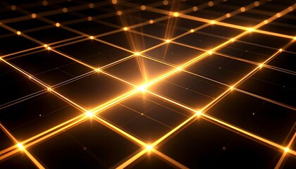 Futuristic glowing golden grid pattern with light flares on a dark background.