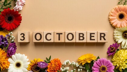 Wooden Blocks with Date 3 October. Floral Calendar – Vibrant Flowers on Solid Colored Background