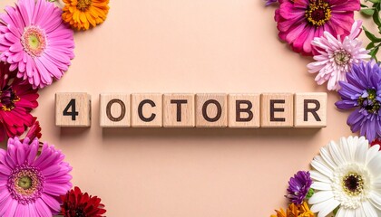 Wooden Blocks with Date 4 October. Floral Calendar – Vibrant Flowers on Solid Colored Background