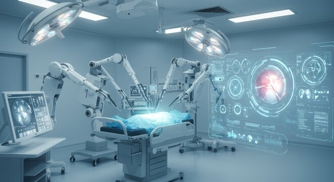 Futuristic operating room with robotic arms performing surgery on a patient