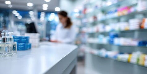 Obraz premium Medicine bottles lining a pharmacy counter, with a pharmacist diligently working in the background, creating a bustling healthcare environment
