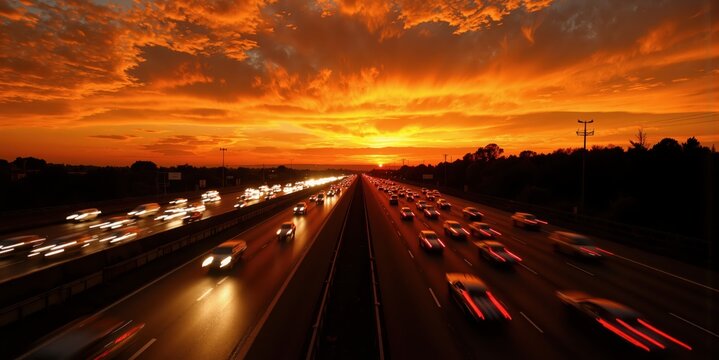 traffic on a highway at sunset with a colorful sky