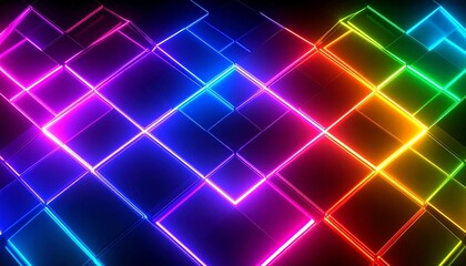 Colorful neon glowing grid pattern with diagonal light beams on black background