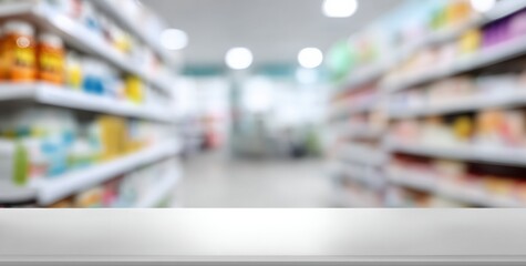 White counter top with blurred pharmacy shelves background providing ample space for product placement