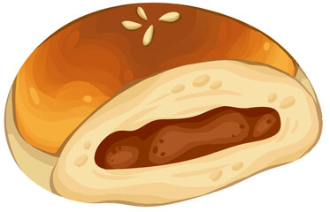 An appetizing illustration of a round, golden-brown baked bun, cut in half to display its sweet, dark paste filling.