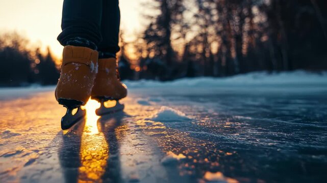 Golden Hour Ice Skating: Low-Angle View of Skates Gliding on Frozen Surface at Sunset