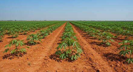 Wide angle view of a vast farm field. Rows of young plants stretch to horizon under a clear blue sky. Red soil is exposed between rows