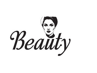 Beauty word with face of girl in silhouette white background.