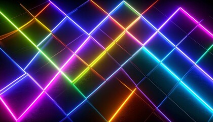 Glowing digital grid with orange and blue light beams in perspective view