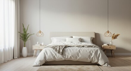 Modern Bedroom Interior with Bed Lamps and Plants.
