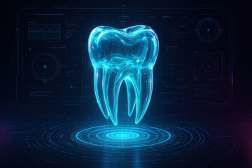 Futuristic glowing holographic tooth floats in digital space with abstract interface graphics, representing dental innovation technology.