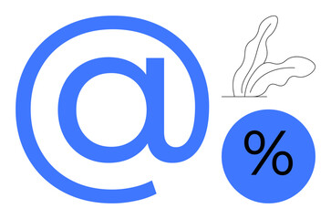 Large blue at symbol alongside a blue percentage sign complemented by a simple leaf. Ideal for communication, digital platforms, internet, email marketing, finance, eco-branding, simplicity. Modern