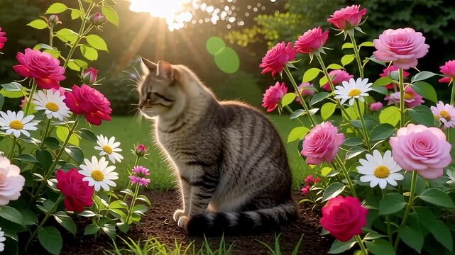 Gentle tabby cat explores vibrant rose garden bathed in warm golden hour sunlight, a serene nature moment.