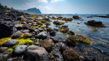volcano rocks and coral sand at beach of jeju island at jeju do south korea