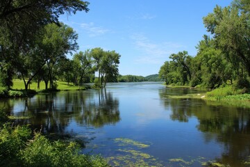 Iowa River Landscape in Mason City's East Park: Tranquil Waters under a Summer Sky